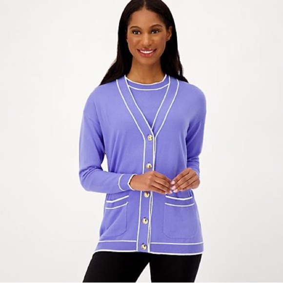 Isaac Mizrahi Sweaters - Isaac Mizrahi Live! Relaxed Sweater Cardigan with Tipped Trim Periwinklekle